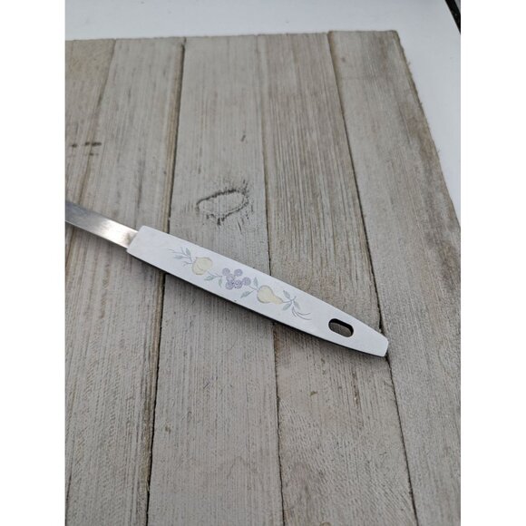 Stainless Steel Serving Slotted Spoon 12 3/4" Vintage White Fruit Veggie Handle - Picture 2 of 8